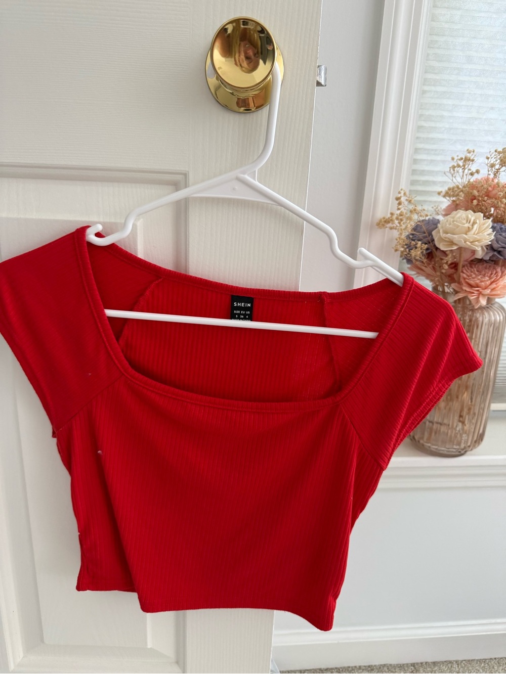 SHEIN Vibrant Red Ribbed Square-Neck Crop Top
